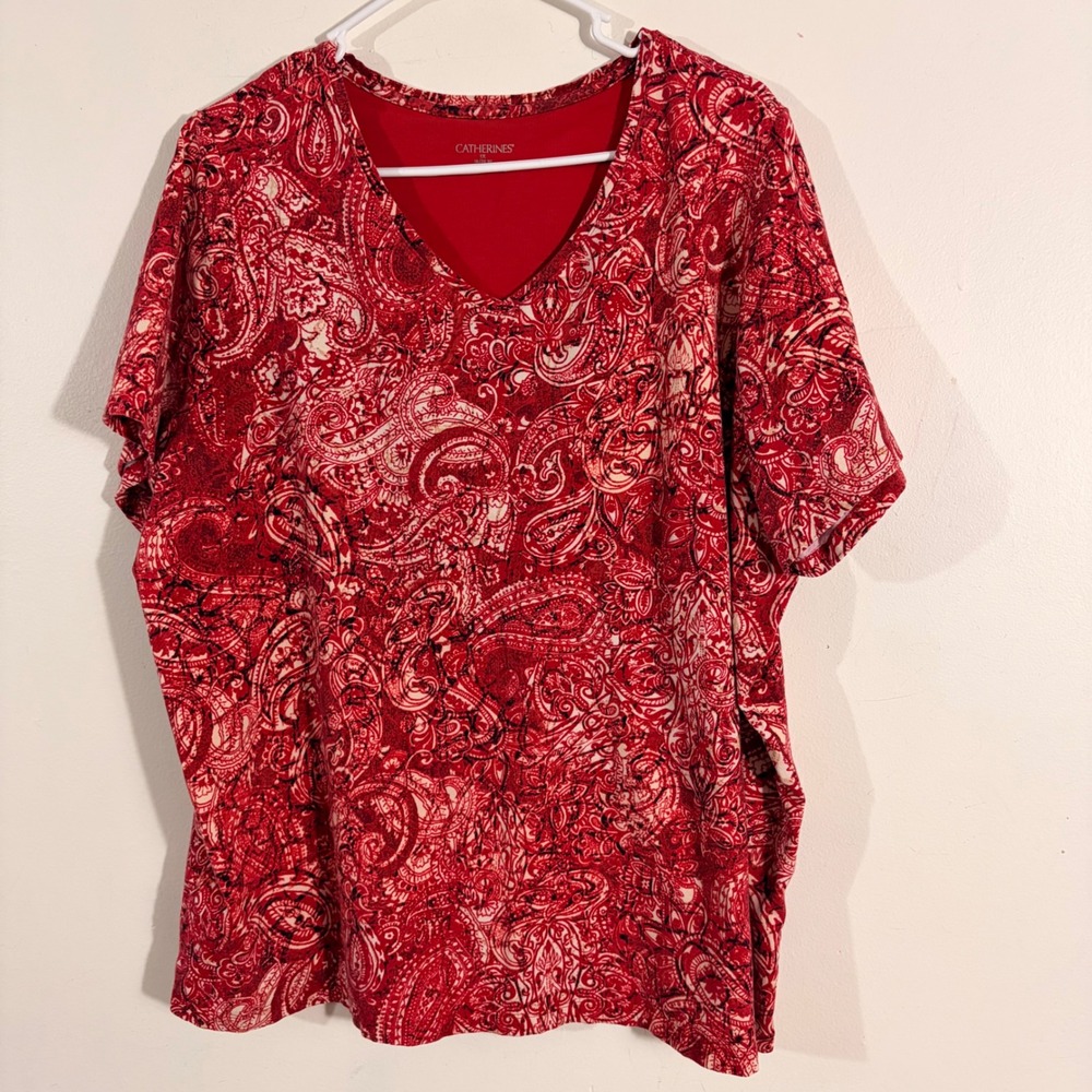 Catherines Paisley V-Neck Tee Women 1X Red Short Sleeve Casual TOP